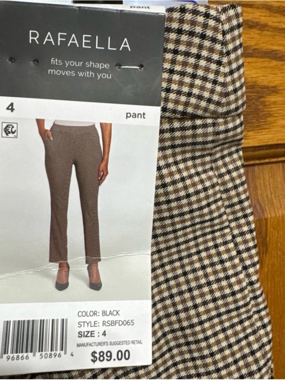 Rafaella Straight-Leg Pull-On Pants in Black and Brown Check